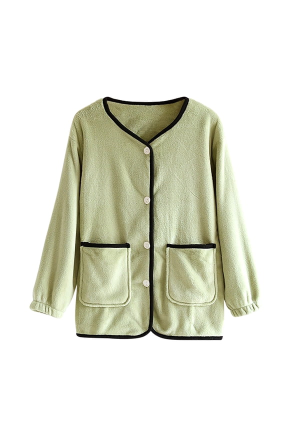 Women's Pajama Tops Sleep Shirt, Women's Plus Size Winter Thickened Solid Color Button Down with Pockets Long Sleeve Fleece Lined Homewear Sleep Top Sleepwear Loungewear