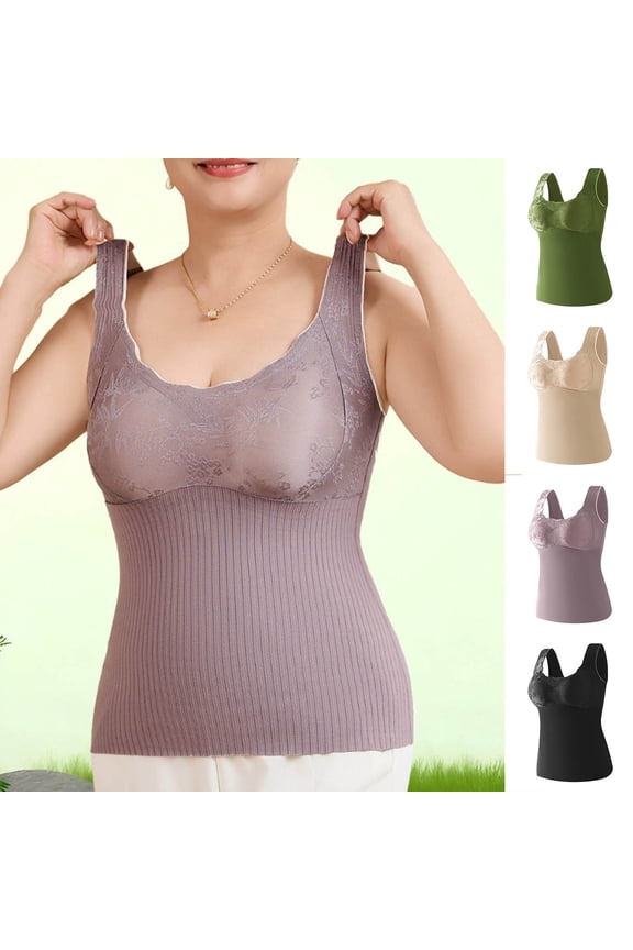 Women's Pajama Tops Sleep Shirt, Women's Thermal Shirt Fall Winter Warm Solid Color Print Lace Vest Seamless Bra Integrated Fleece Lined Base Layer for Layering Sleepwear Loungewear