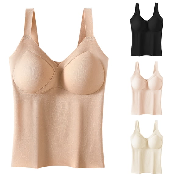 Bovxnpu Women's Pajama Tops Sleep Shirt, Women's Thermal Shirt Solid Color Bra Padded Seamless Fleece Lined Thickened Cold Proof Integrated Sleeveless Thermal Top Sleepwear Loungewear