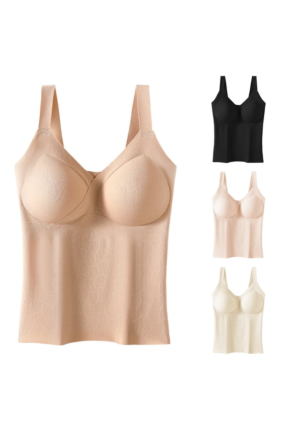 Women's Pajama Tops Sleep Shirt, Women's Thermal Shirt Solid Color Bra Padded Seamless Fleece Lined Thickened Cold Proof Integrated Sleeveless Thermal Top Sleepwear Loungewear