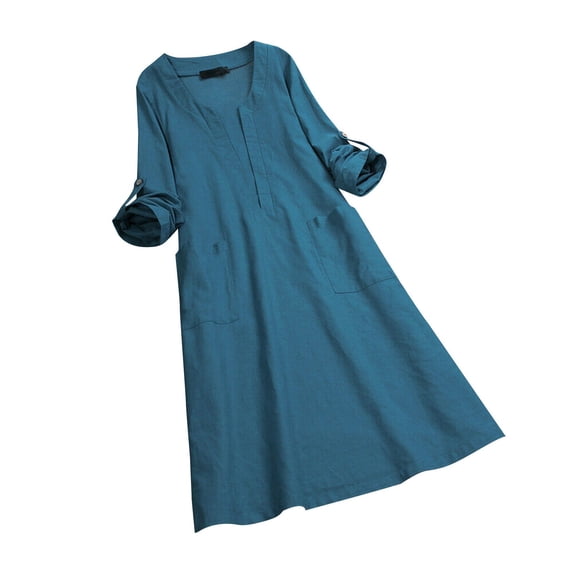 HBGVBA Women's Plus Size Dresses Long Sleeve V Neck A Line Pocket Solid Cotton Linen Casual Maxi Dress