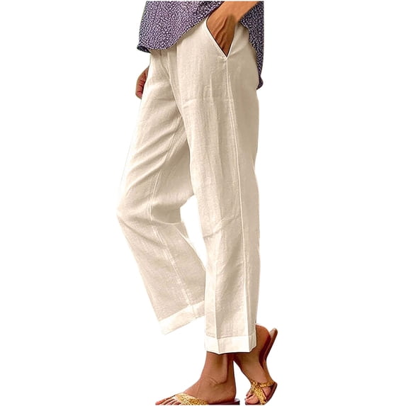HBGVBA Women's Plus Size Linen Ankle Length Pants,Solid Straight Elastic Waist Fall Casual Daily Soft Breathable High Waist Pants