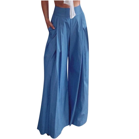 HBGVBA Women's Plus Size Wide Leg Pants,Solid High Waist Ruffle Pocket Loose Elegant Office Commute Casual Full Length Pants