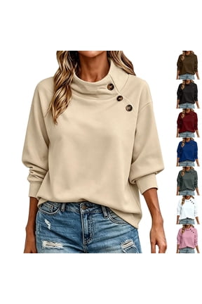 Women's Pullover Sweatshirt Solid Color Stand Collar Long Sleeve Snap Button Closure Lined Elastic Textile