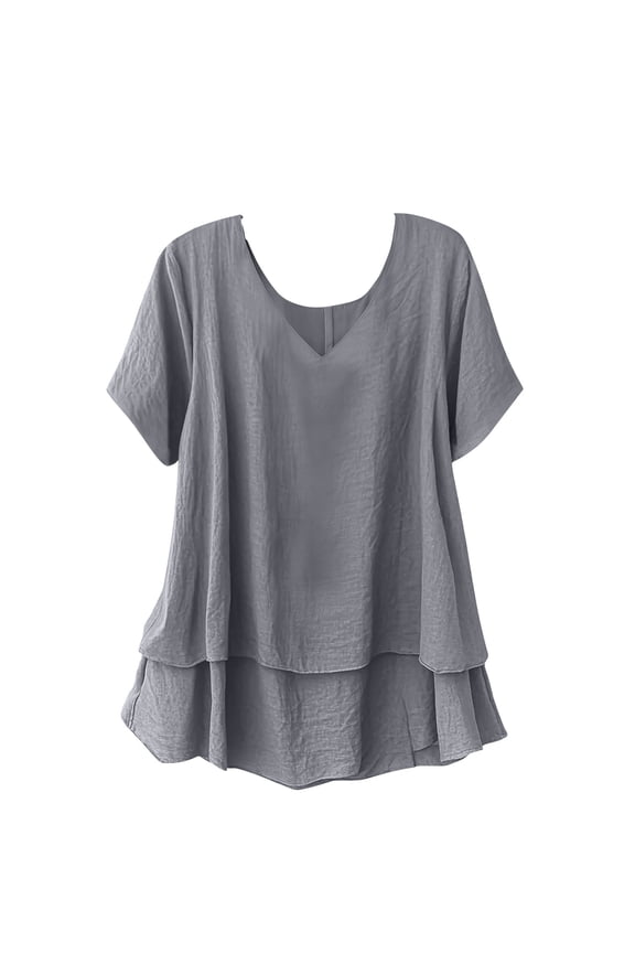 Women's Short Sleeve Tops,Summer Blouse for Women,Women Casual Double Layer Solid Color Linen Shirt Comfortable Breathable Daily Fashion Basical T-Shirts