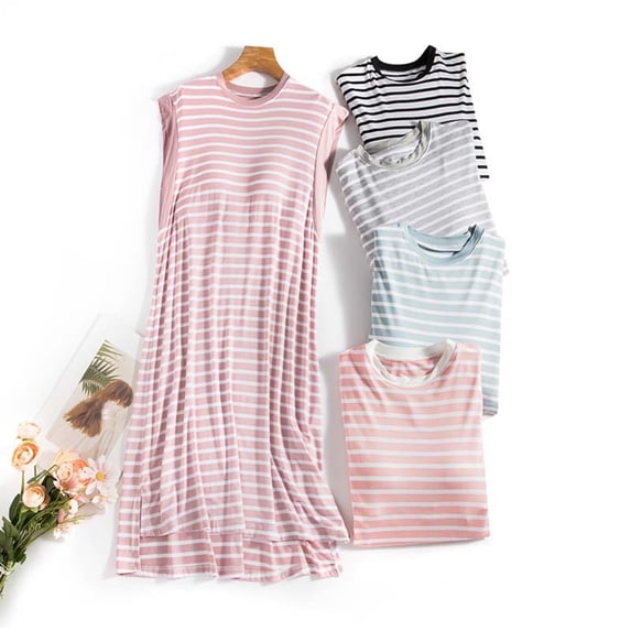HBGVBA Women's Striped Nightgowns,Casual Loungwear Dress with Built-in Bra,Striped Loose Comfortable Long Nightwear