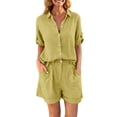 thumbnail image 1 of HBGVBA Women's Summer Linen Matching Set,2 Piece Casual Outfits,Summer Linen Set Lapel Collar Button Shirt Wide Leg Shorts Outfit Set, 1 of 5