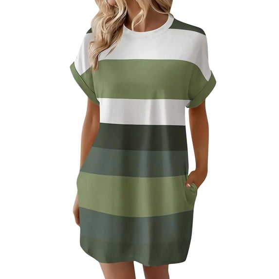 HBGVBA Women's Summer Mini Dress,Plus Size Short Sleeve Dresses,Color Stripe Loose Fitted Side Pocket Midi Dress