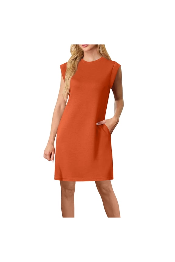 Women's Summer Mini Dress,Sleeveless Trendy Dresses,Solid Color Round Neck Side Slit Loose Pocket Long Maxi Dress