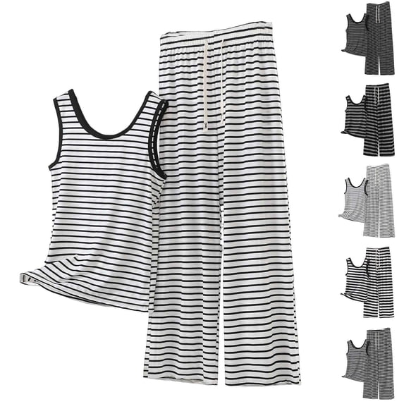 HBGVBA Women's Summer Plus Size Matching Set,2 Piece Casual Outfits,Sleeveless Crew Neck Tank Top Long Pants Elastic Waist Stripe Casual Set
