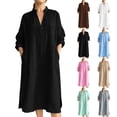thumbnail image 1 of HBGVBA Women's V Neck Plus Size Dresses Long Sleeve Side Slit Pocket Loose Solid Color Midi Casual Dress, 1 of 6