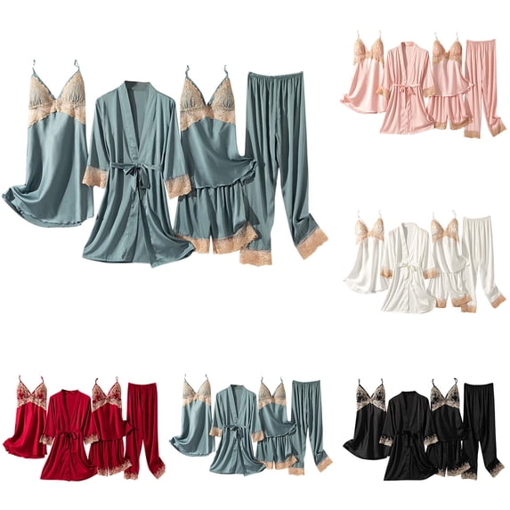HBGVBA Womens 5 Piece Nighgown Pajama Set Solid Color Ice Silk 5 Piece Set Built In Chest Pads Matching Robe And Nightgown Light Summer Loungewear