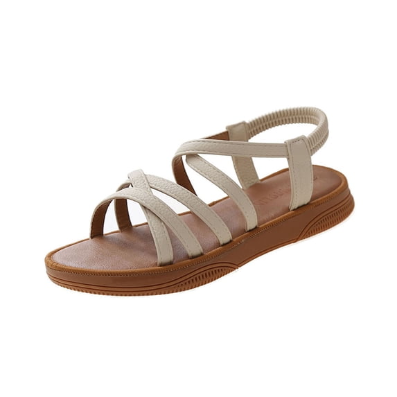 HBGVBA Womens Beach Sandals Solid Color Crisscross Strap Round Toe Open Toe Back Elastic Strap Flat Sole Summer Shoes 35