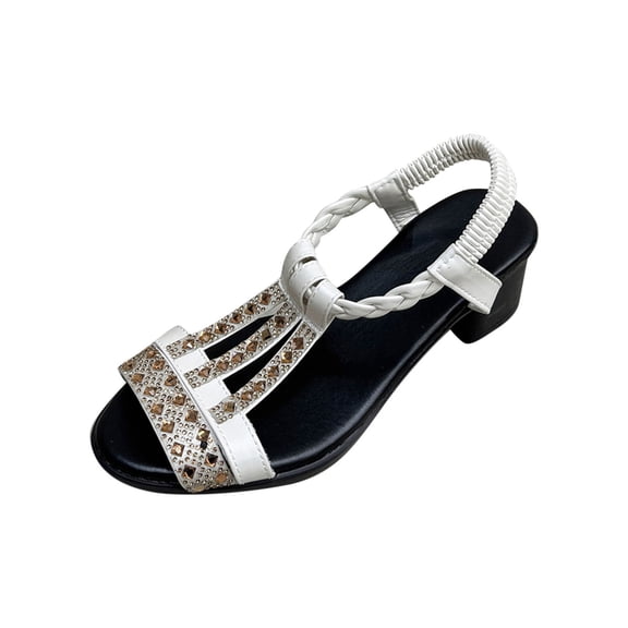 HBGVBA Womens Beach Sandals Versatile Rhinestone Fishes Mouth Open Toe Elastic Strap Low Heel Summer Shoes 35