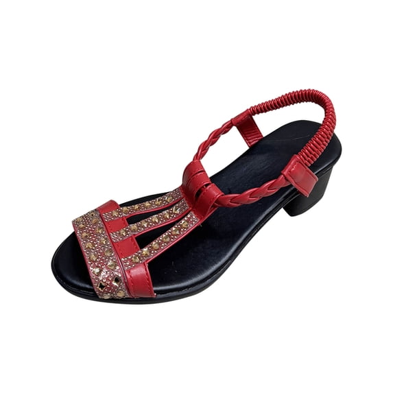 HBGVBA Womens Beach Sandals Versatile Rhinestone Fishes Mouth Open Toe Elastic Strap Low Heel Summer Shoes 36