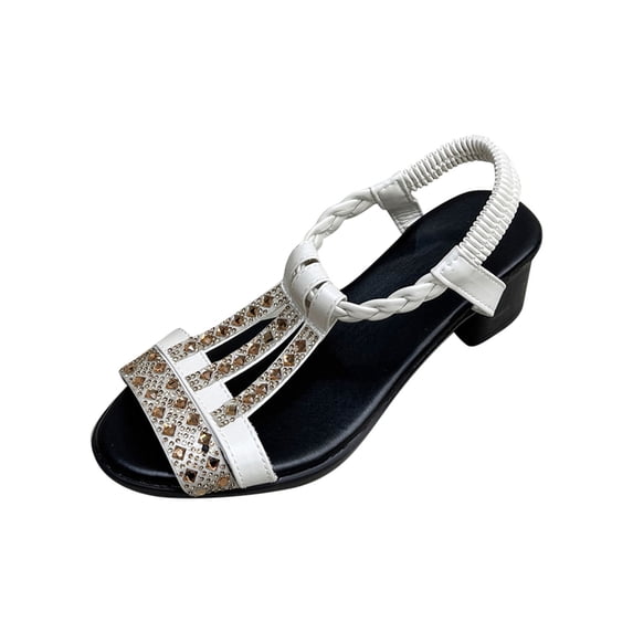 HBGVBA Womens Beach Sandals Versatile Rhinestone Fishes Mouth Open Toe Elastic Strap Low Heel Summer Shoes 36