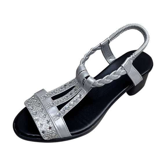 HBGVBA Womens Beach Sandals Versatile Rhinestone Fishes Mouth Open Toe Elastic Strap Low Heel Summer Shoes 40
