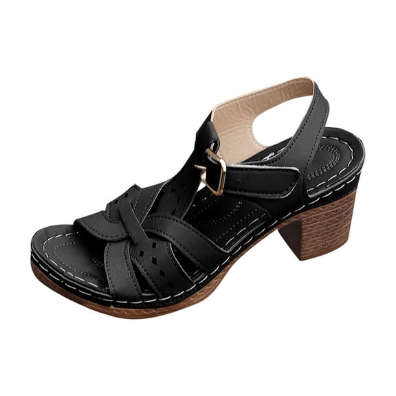 HBGVBA Womens Beach Sandals Versatile Solid Color Fishes Mouth One Strap Buckle High Heel Summer Shoes 37