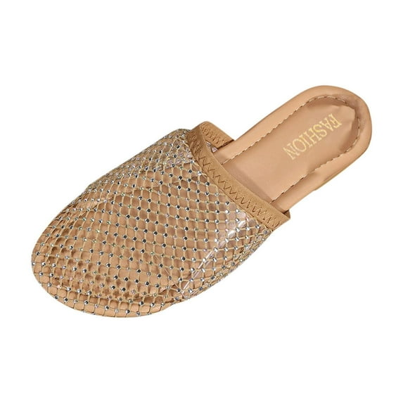 HBGVBA Womens Beach Slippers Versatile Rhinestone Round Toe Mule Flat Sole Summer Casual Comfortable Shoes 39