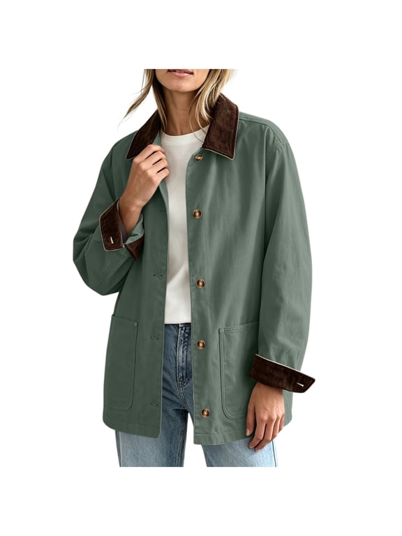 Womens Casual Button Up Jackets Corduroy-Trimmed Barn Jacket Collared Long Sleeve Loose Outerwear with Patch Pockets