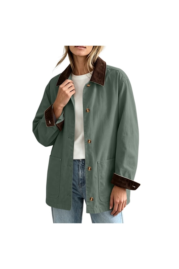 Womens Casual Button Up Jackets Corduroy-Trimmed Barn Jacket Collared Long Sleeve Loose Outerwear with Patch Pockets