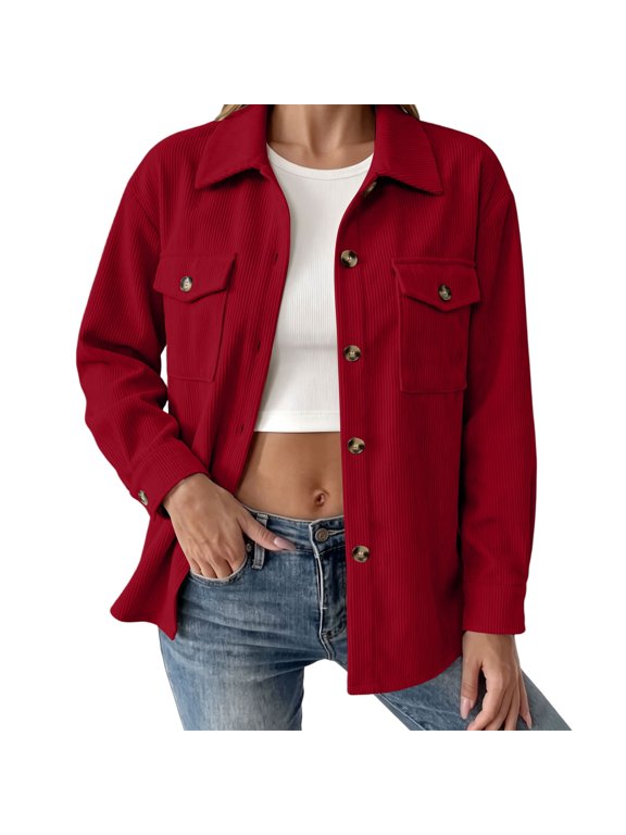 Womens Corduroy Shacket Coats Corduroy Button Collared Long Sleeve Loose Fit Shirt Jacket with Flap Chest Pockets Casual Layering Outerwear