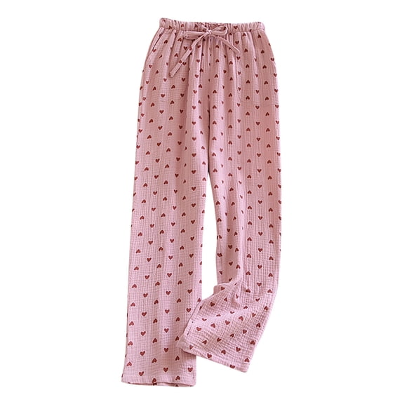 HBGVBA Womens Cotton Pajama Pants,Heart Print Crinkle Gauze Sleep Pant Drawstring Elastic Waist Light Weight Breathable Loose Home Loungewear Trousers with Pockets