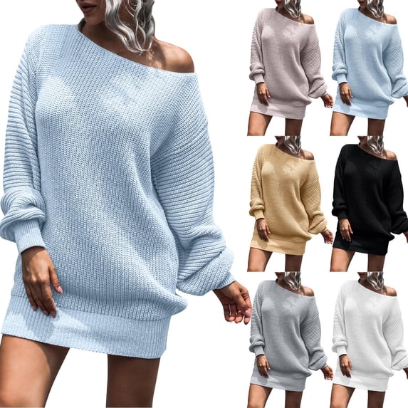HBGVBA Womens Off Shoulder Sweater Dresses Long Sleeve Off Shoulder Lanterns Sleeve Knit Solid Color Casual Dress