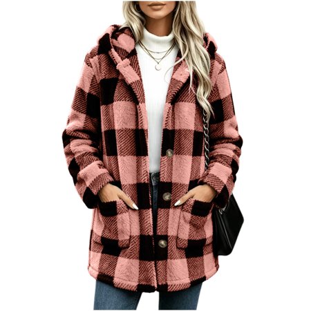 HBGVBA Womens Plaid Winter Coats Hooded Fleece Button Front Coat Mid Length Plush Warm Outerwear with Pockets Fall Winter