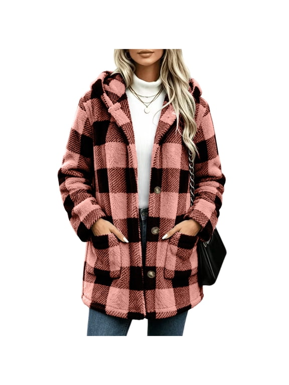 Womens Plaid Winter Coats Hooded Fleece Button Front Coat Mid Length Plush Warm Outerwear with Pockets Fall Winter