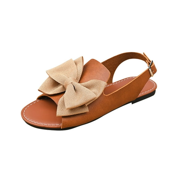 HBGVBA Womens Summer Sandals Bowknot Round Toe Open Toe One Strap Buckle Flat Sole Summer Comfortable Shoes 40