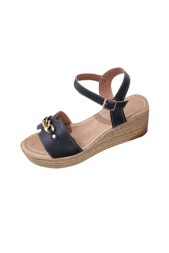 Womens Summer Sandals Chain High Heel Buckle Strap Fishes Mouth Open Toe Wedge Heel Summer Shoes 37