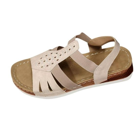 HBGVBA Womens Summer Sandals Hollow Out Rhinestone Solid Color Round Toe Open Toe Elastic Strap Wedge Heel Shoes 42