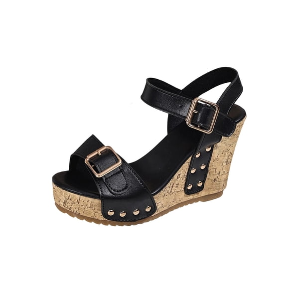 HBGVBA Womens Summer Sandals Plus Size Comfortable Solid Color Fishes Mouth Open Toe One Strap Buckle Thick Sole Wedge Heel Shoes 37