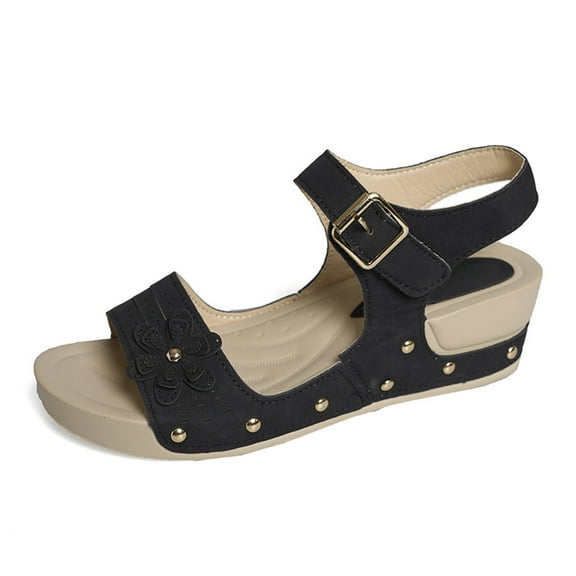 HBGVBA Womens Summer Sandals Solid Color Breathable Round Toe Open Toe One Strap Buckle Thick Sole Wedge Heel Shoes 40