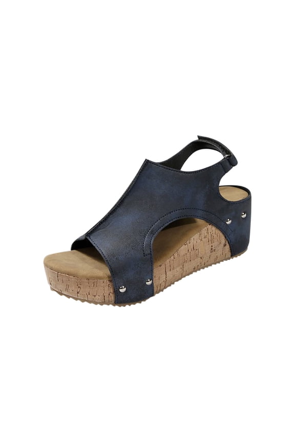 Womens Summer Sandals Solid Color Patchwork Round Toe Open Toe One Strap Buckle Thick Sole Wedge Heel Summer Shoes 36