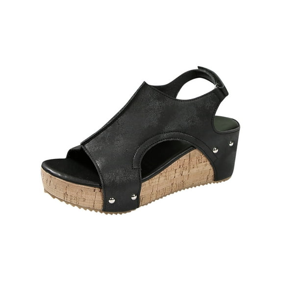 HBGVBA Womens Summer Sandals Solid Color Patchwork Round Toe Open Toe One Strap Buckle Thick Sole Wedge Heel Summer Shoes 37