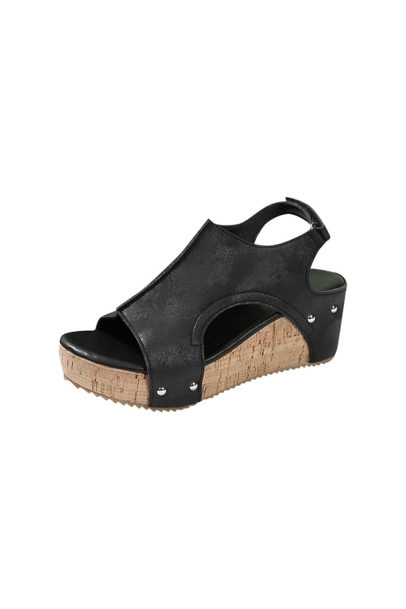 Womens Summer Sandals Solid Color Patchwork Round Toe Open Toe One Strap Buckle Thick Sole Wedge Heel Summer Shoes 42