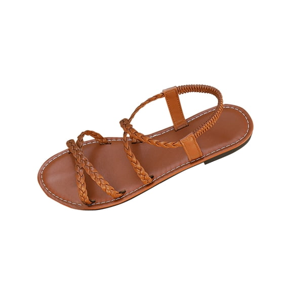 HBGVBA Womens Summer Sandals Solid Color Woven Strap Open Toe Elastic Strap Flat Sole Summer Casual Shoes 40