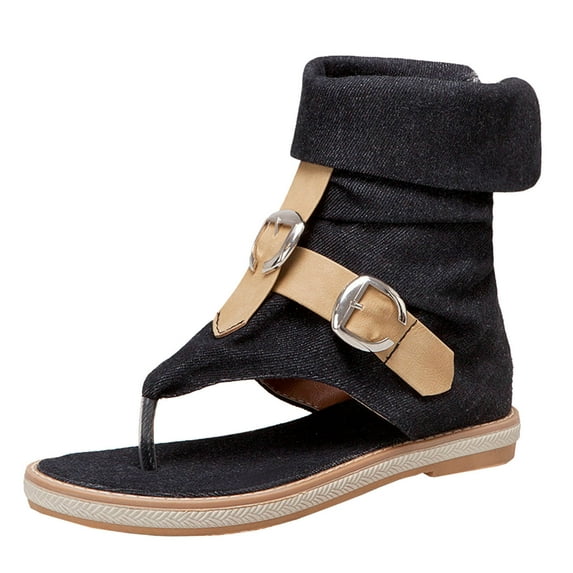 HBGVBA Womens Summer Sandals Stylish Toe Loop Flat Sole Denim Fabric Belt Buckle High Top Flop Casual Outdoor Versatile Shoes 39