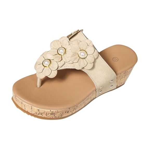 HBGVBA Womens Summer Slippers Floral Round Toe Toe Loop Open Toe On Thick Sole Wedge Heel Summer Shoes 36
