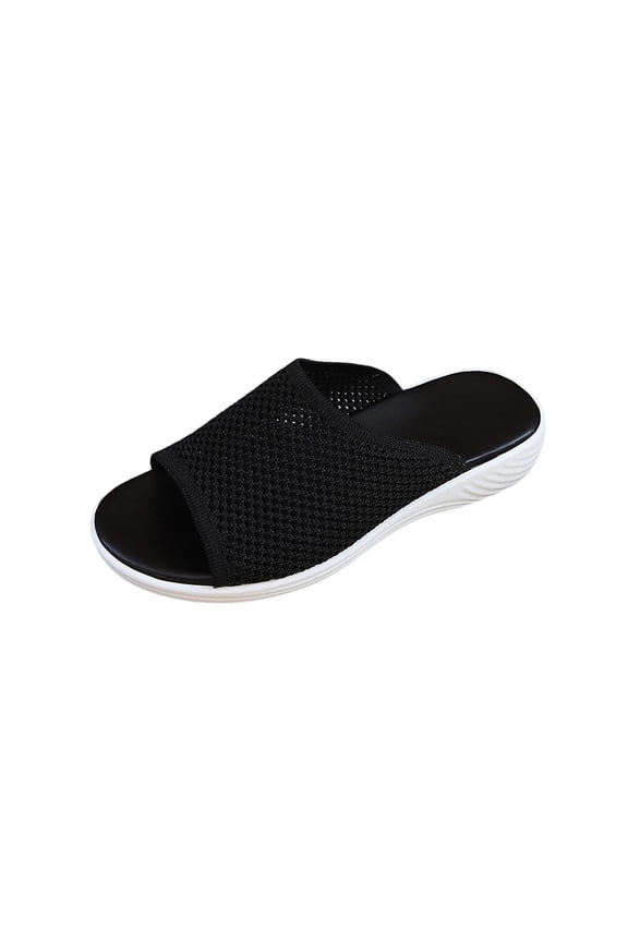 Womens Summer Slippers Plus Size Versatile Solid Color Breathable Mesh Round Toe Open Toe Flat Sole Thick Sole Summer Shoes 43