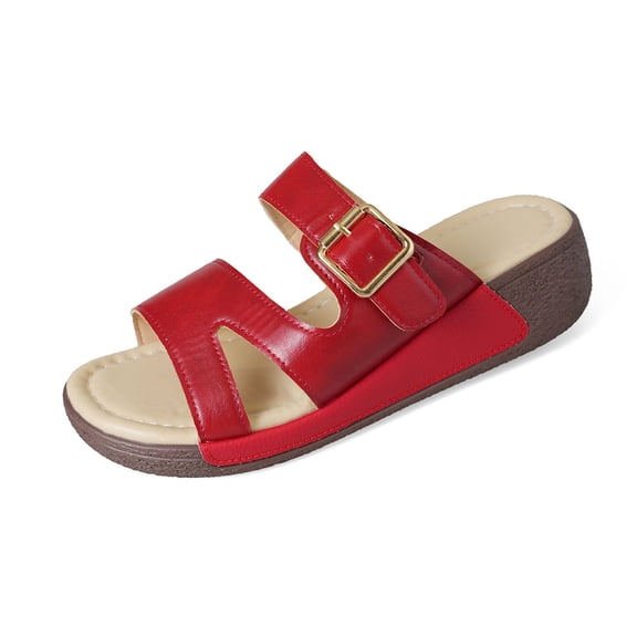 HBGVBA Womens Summer Slippers Solid Color One Strap Buckle Round Toe Open Toe On Thick Sole Wedge Heel Shoes 36