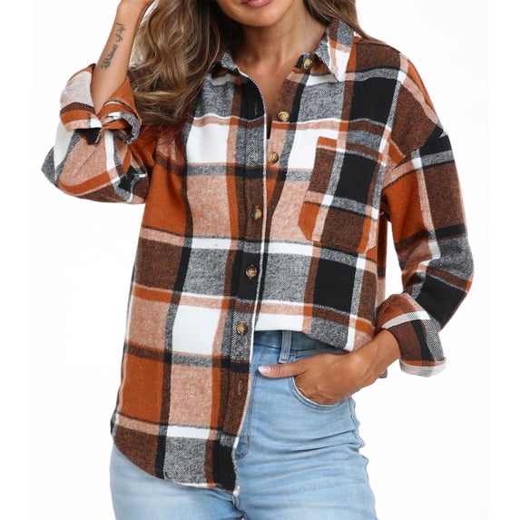 HBGVBA Womens Winter Coats,Plus Size Warm Jackets for Women,Women's Plaid Button Front Pocketed Shacket Long Sleeve Casual Fall Winter Warm Outerwear Jacket