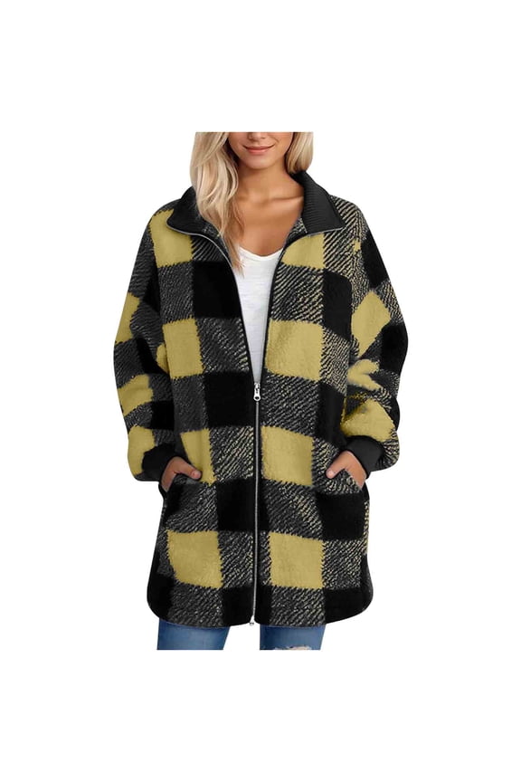 Womens Winter Coats,Plus Size Warm Jackets for Women,Women's Plaid Fleece Notched Collar Solid Color Pockets Zip Up Long Sleeve Fall Winter Warm Jacket