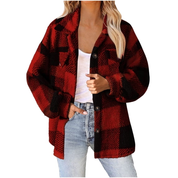 HBGVBA Womens Winter Coats,Plus Size Warm Jackets for Women,Women's Plaid Fleece Stand Collar 4 Pockets Button Front Long Sleeve Fall Winter Warm Jacket