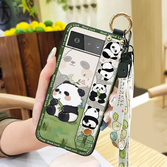 HBH-Phone Case For Google Pixel 6, Dirt-resistant Back Cover Cute Anti-dust Waterproof Anti-knock Silicone Wristband Protective Wrist Strap Ring Panda Phone Holder Soft case Shockproof