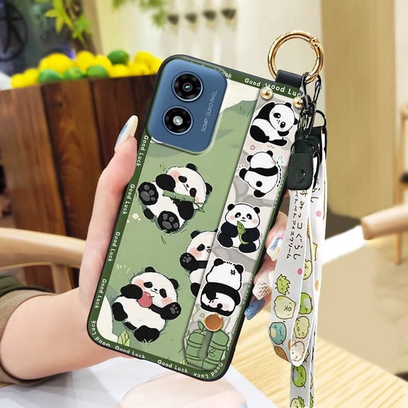 HBH-Phone Case For MOTO G Play 2024/4G/5G, Protective Anti-knock Panda Phone Holder Cute Back Cover Silicone Lanyard Waterproof Shockproof Cartoon Wrist Strap Ring Wristband Anti-dust