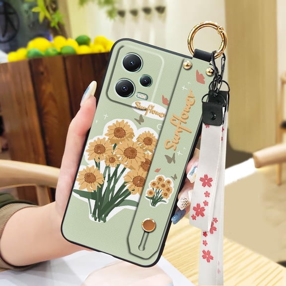 HBH-Phone Case For Redmi Note12 5G Global/Poco X5 5G, Lanyard Wristband Silicone Fashion Design Ring Waterproof Durable Dirt-resistant Protective Shockproof Back Cover Flower Kickstand