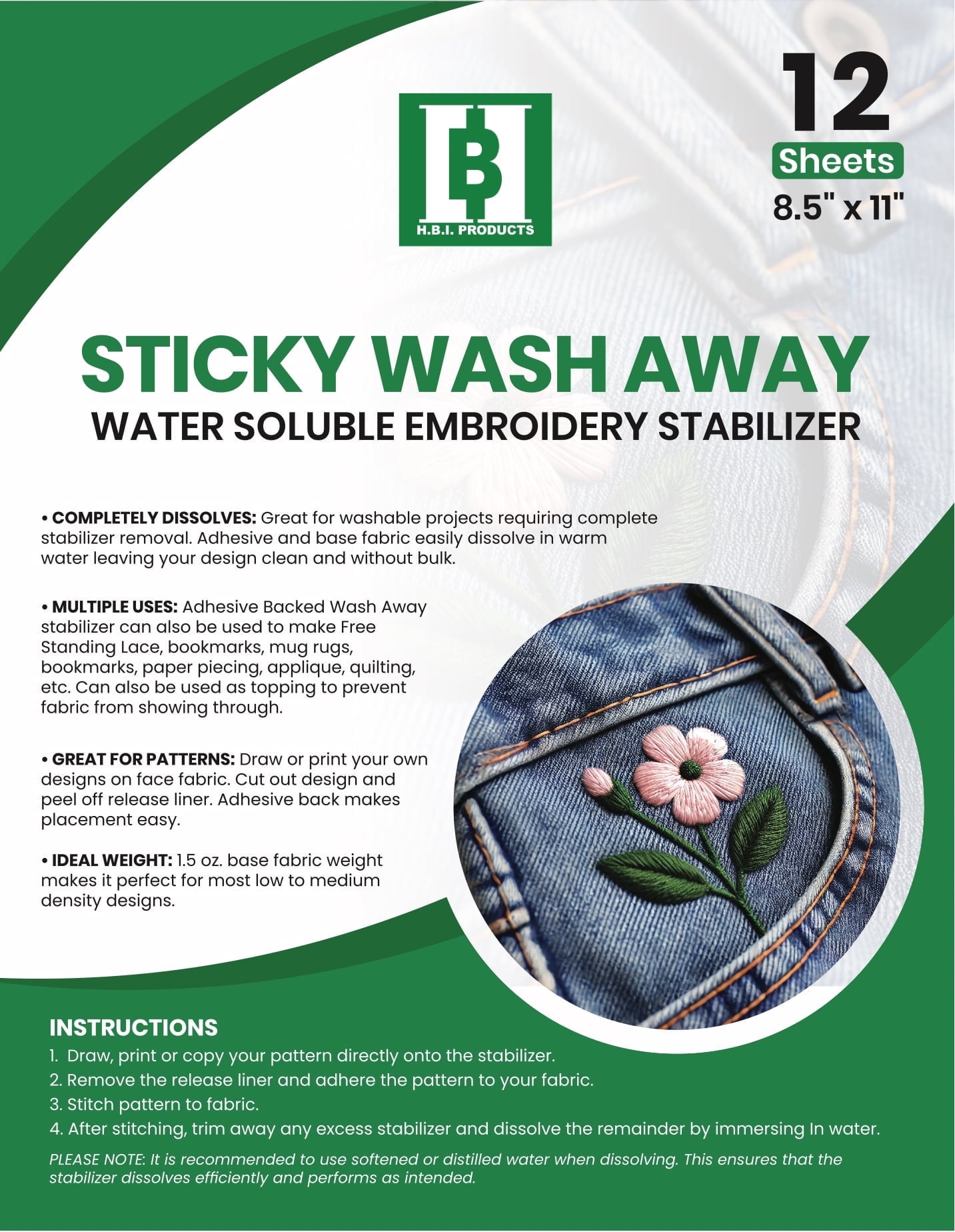 HBI H.B.I. Products Sticky Wash Away - Water Soluble Stabilizer